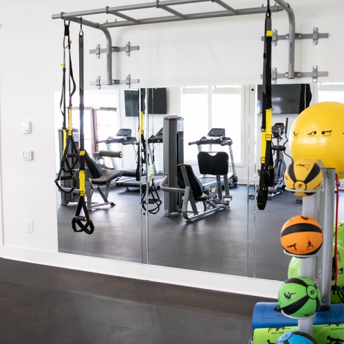 Fitness area with various resistance bands and exercise balls
